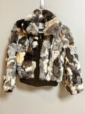 Vintage Camille Rabbit Fur Jacket Patchwork Brown Bomber Coat Women M Real Fur